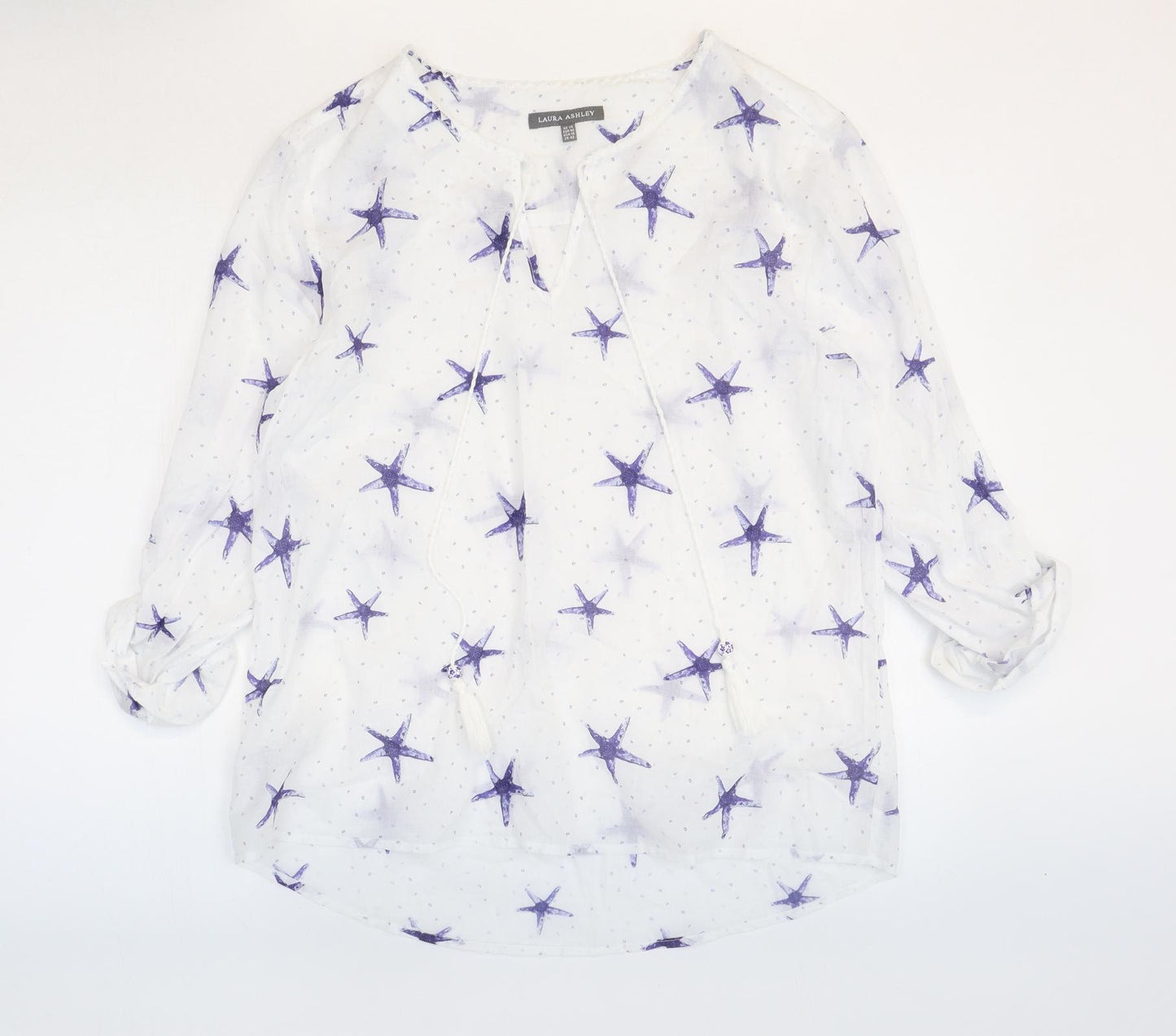 Laura Ashley Womens White 100% Cotton Basic Blouse Size 14 V-Neck - Starfish