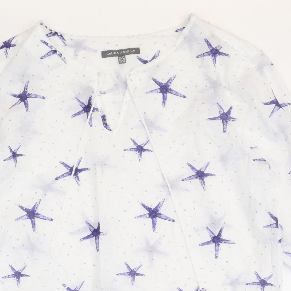 Laura Ashley Womens White 100% Cotton Basic Blouse Size 14 V-Neck - Starfish