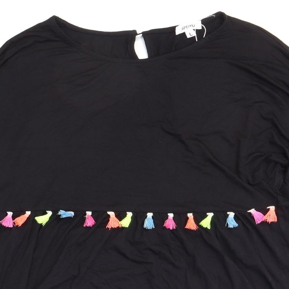 Apeiyu Womens Black Basic T-Shirt Size L Boat Neck - Neon