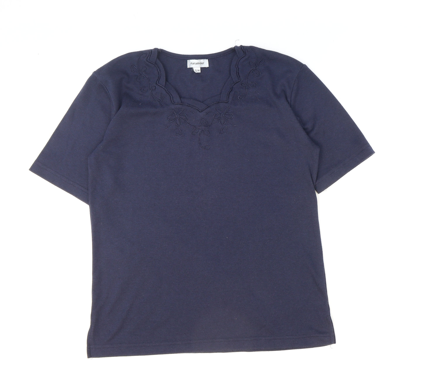 Paramour Womens Blue Floral Polyester Basic T-Shirt Size S V-Neck