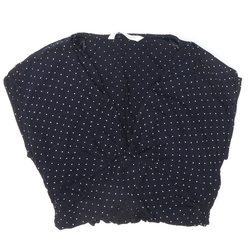 Zara Womens Blue Polka Dot Viscose Cropped Blouse Size 4 V-Neck