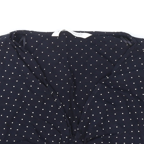 Zara Womens Blue Polka Dot Viscose Cropped Blouse Size 4 V-Neck