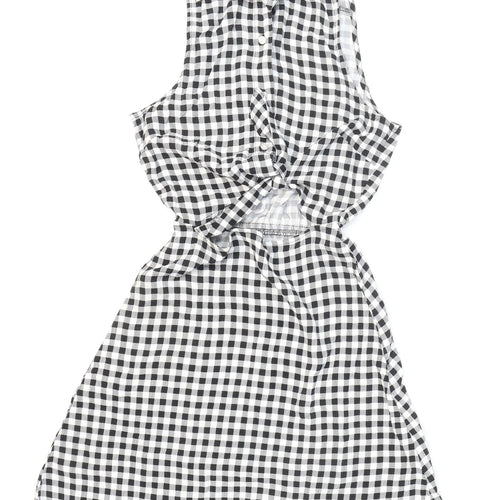 Divided Womens Black Check Viscose Skater Dress Size 4 Collared Button