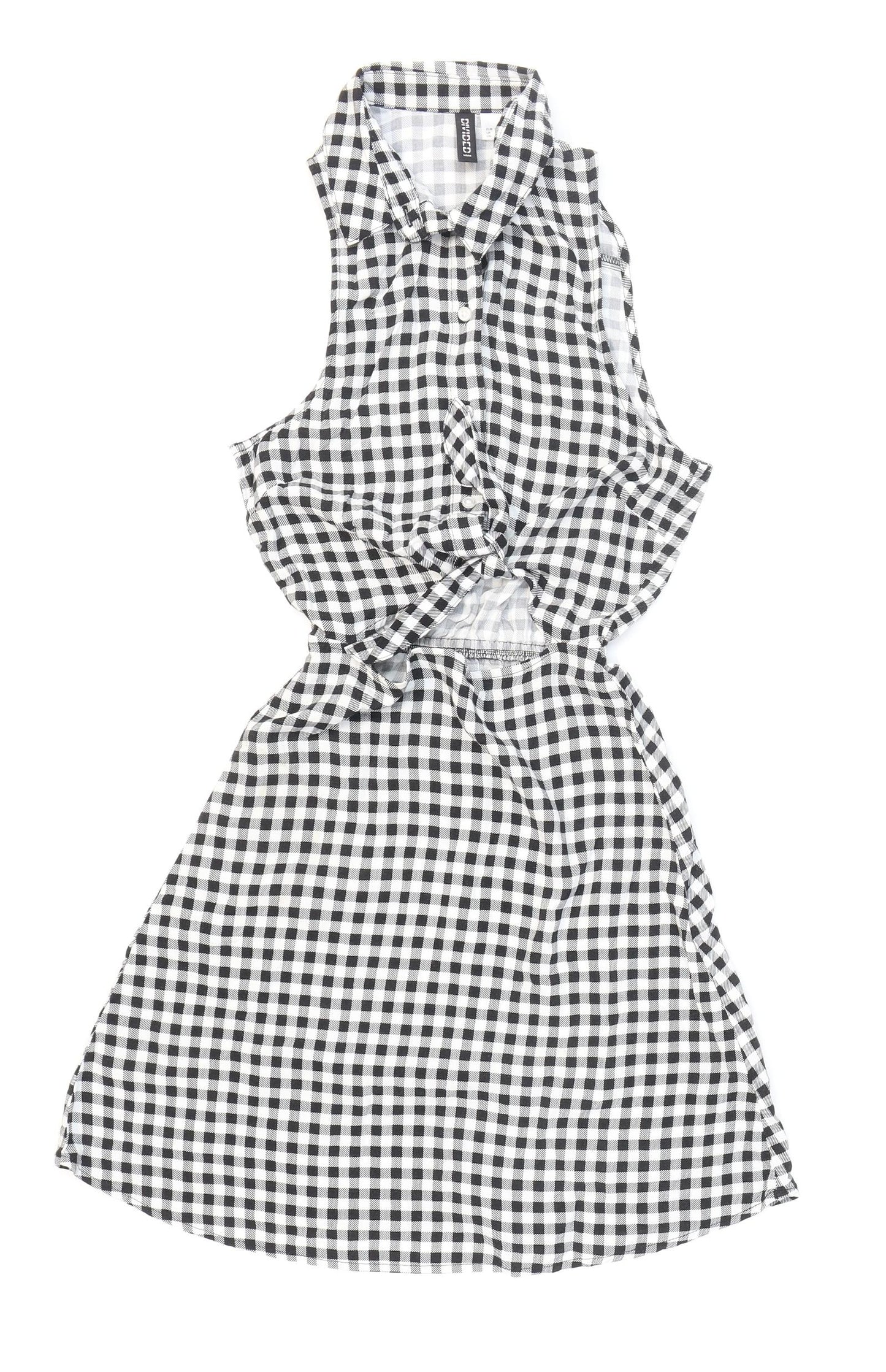 Divided Womens Black Check Viscose Skater Dress Size 4 Collared Button