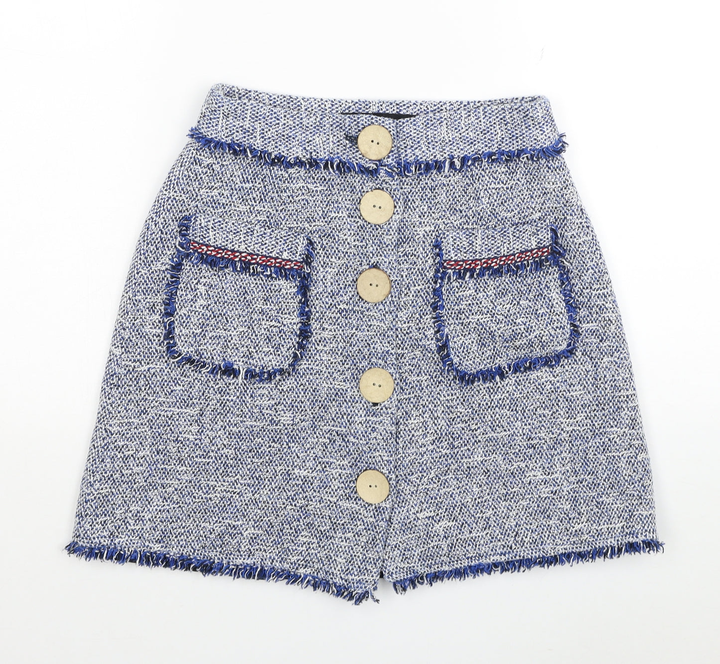 Zara Womens Blue Cotton A-Line Skirt Size M Button