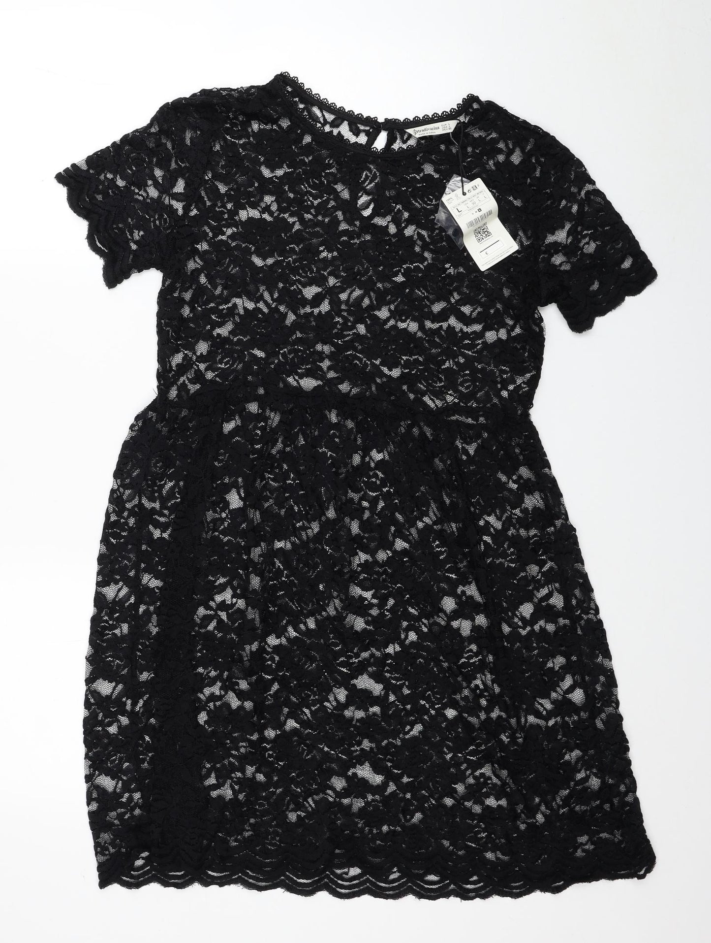 Stradivarius Womens Black Floral Polyester Fit & Flare Size L Boat Neck Button