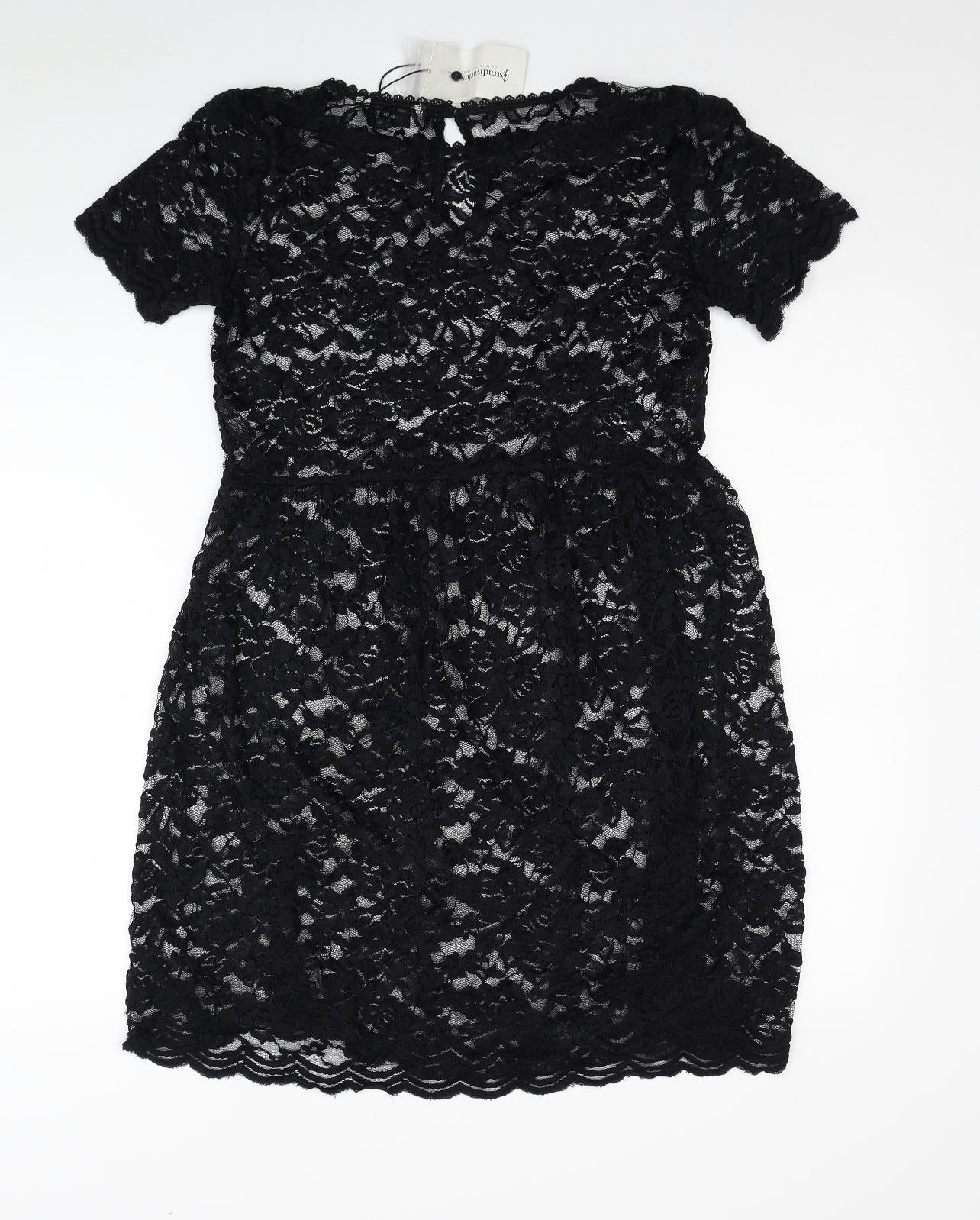 Stradivarius Womens Black Floral Polyester Fit & Flare Size L Boat Neck Button