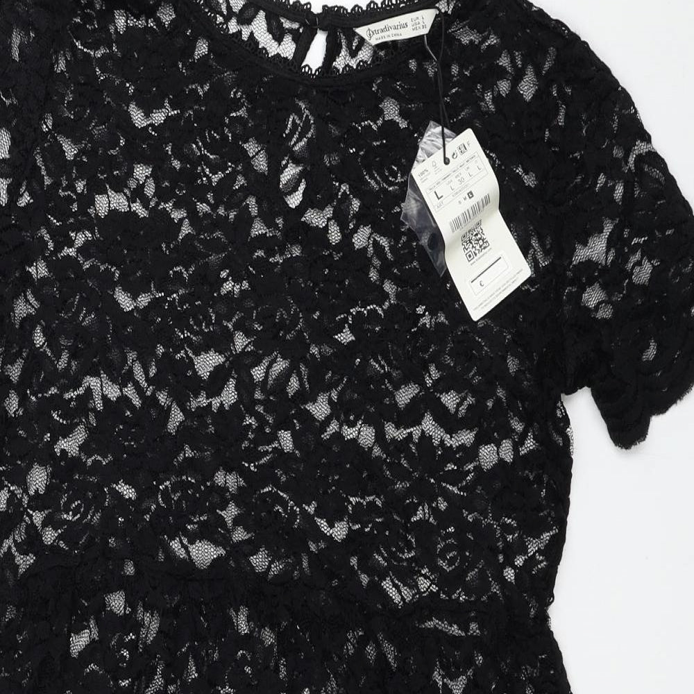Stradivarius Womens Black Floral Polyester Fit & Flare Size L Boat Neck Button
