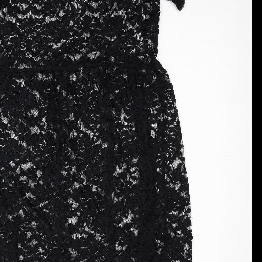 Stradivarius Womens Black Floral Polyester Fit & Flare Size L Boat Neck Button