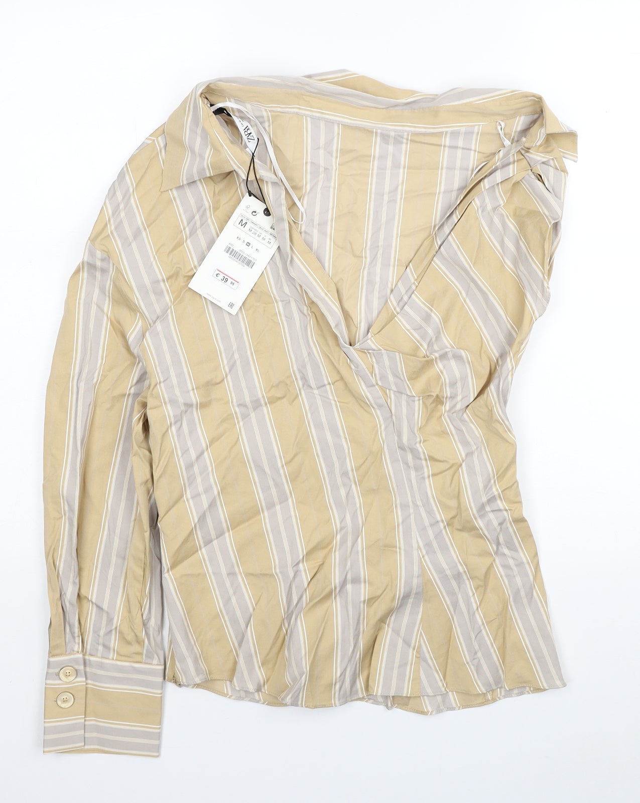 Zara Womens Beige Striped Cotton Basic Blouse Size M V-Neck - One Sleeve