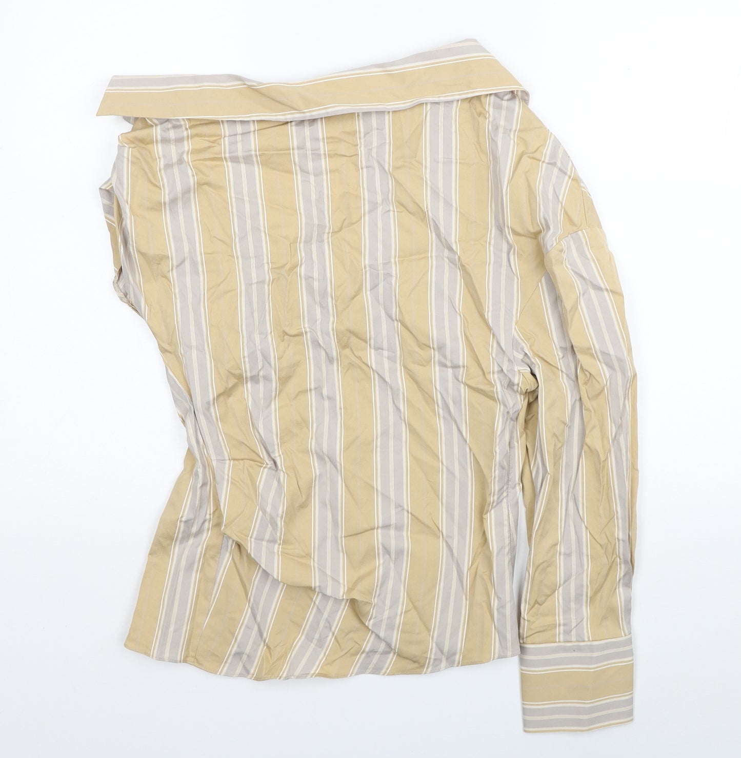 Zara Womens Beige Striped Cotton Basic Blouse Size M V-Neck - One Sleeve