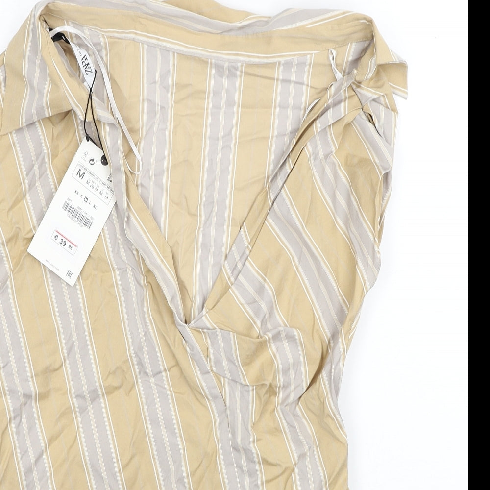 Zara Womens Beige Striped Cotton Basic Blouse Size M V-Neck - One Sleeve
