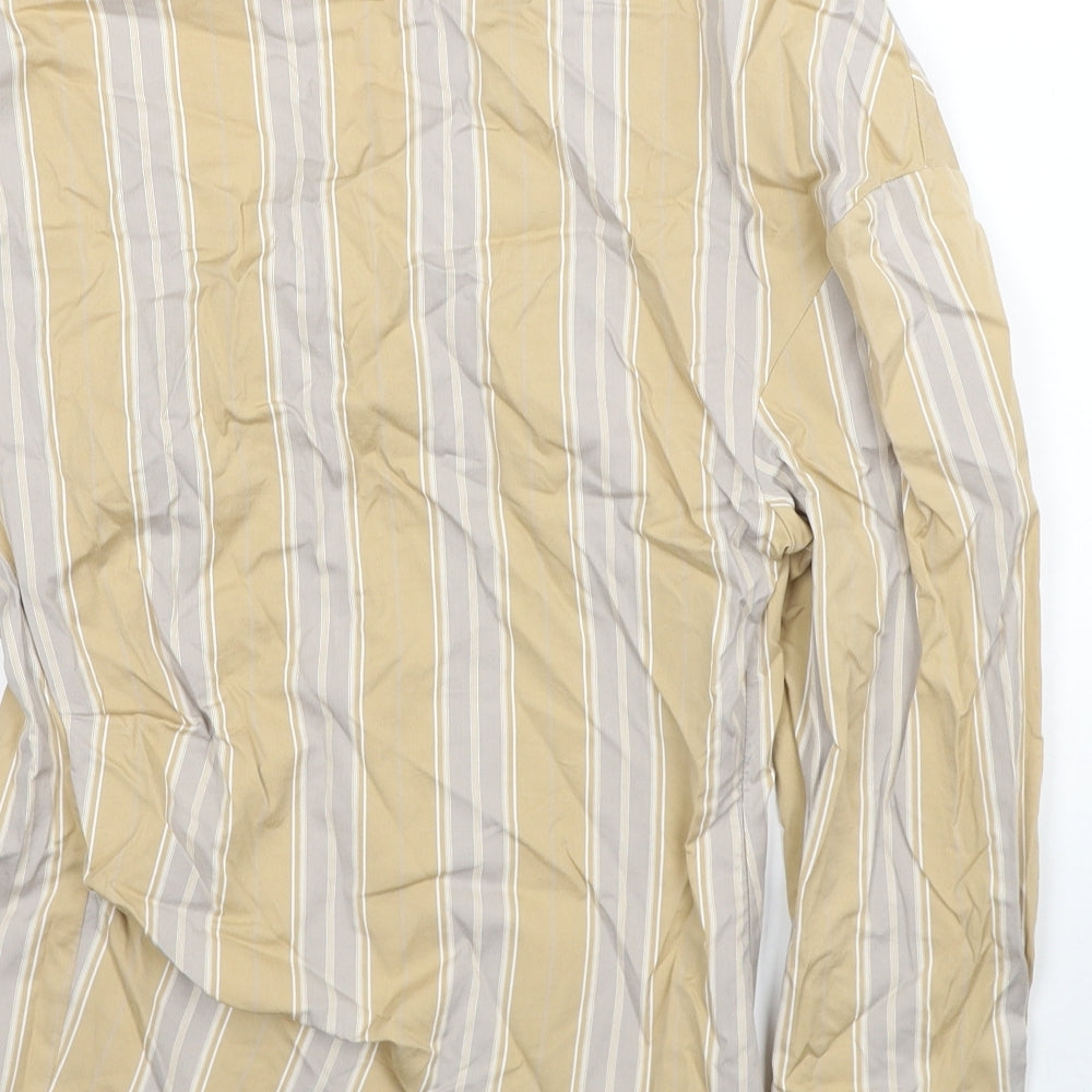Zara Womens Beige Striped Cotton Basic Blouse Size M V-Neck - One Sleeve