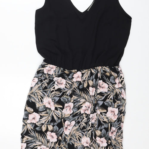 Oasis Womens Black Floral Polyester Fit & Flare Size 10 V-Neck Tie