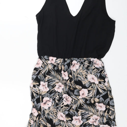 Oasis Womens Black Floral Polyester Fit & Flare Size 10 V-Neck Tie