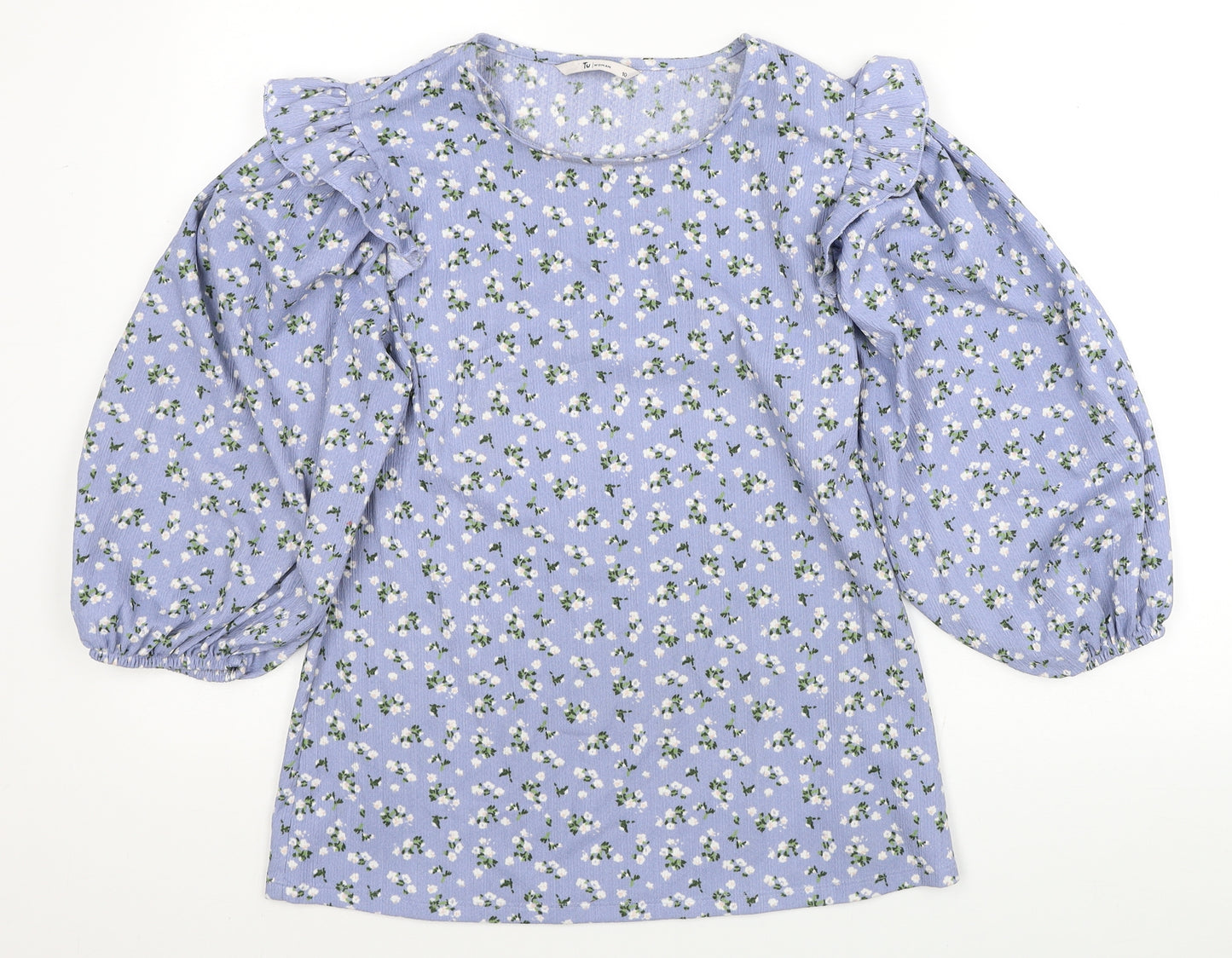 TU Womens Blue Floral Polyester Basic Blouse Size 10 Round Neck