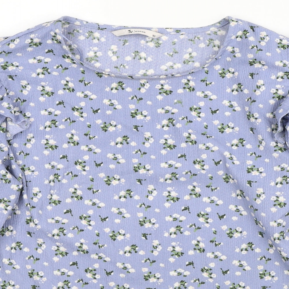 TU Womens Blue Floral Polyester Basic Blouse Size 10 Round Neck