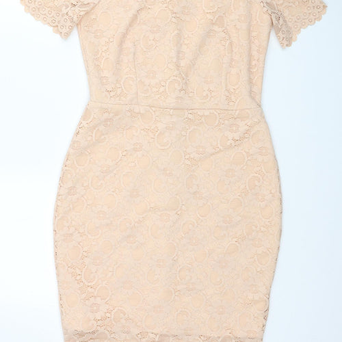 ASOS Womens Beige Floral Polyester Pencil Dress Size 10 Round Neck Zip