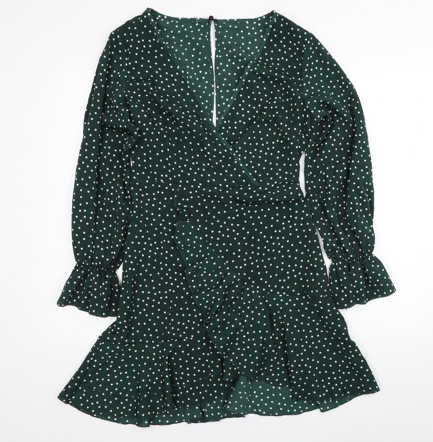 SheIn Womens Green Polka Dot Polyester Skater Dress Size S V-Neck Button