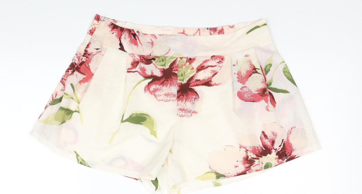 Preworn Womens Beige Floral Cotton Hot Pants Shorts Size XL L3 in Regular Zip