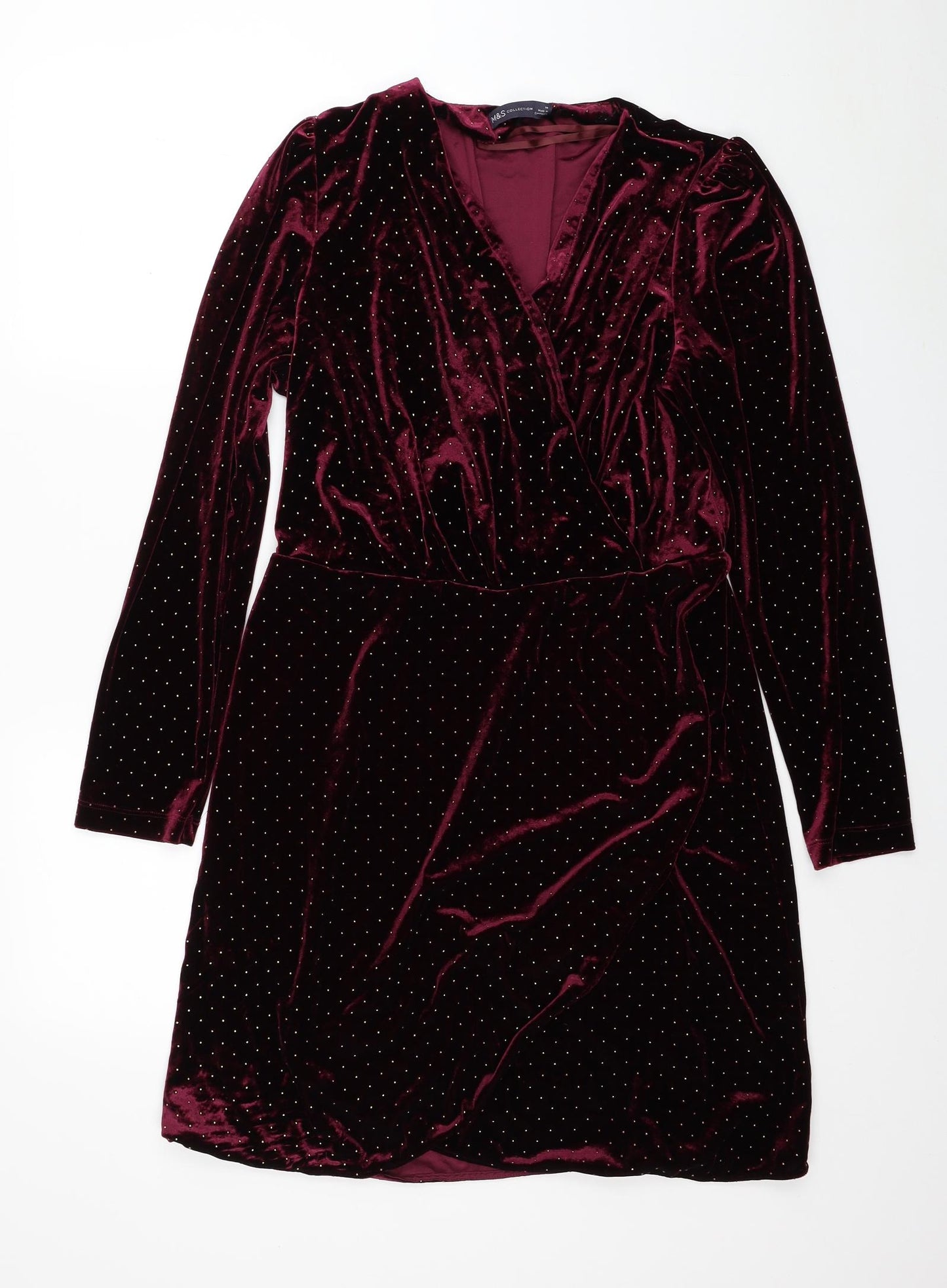 Marks and Spencer Womens Red Polka Dot Polyester A-Line Size 14 V-Neck Pullover