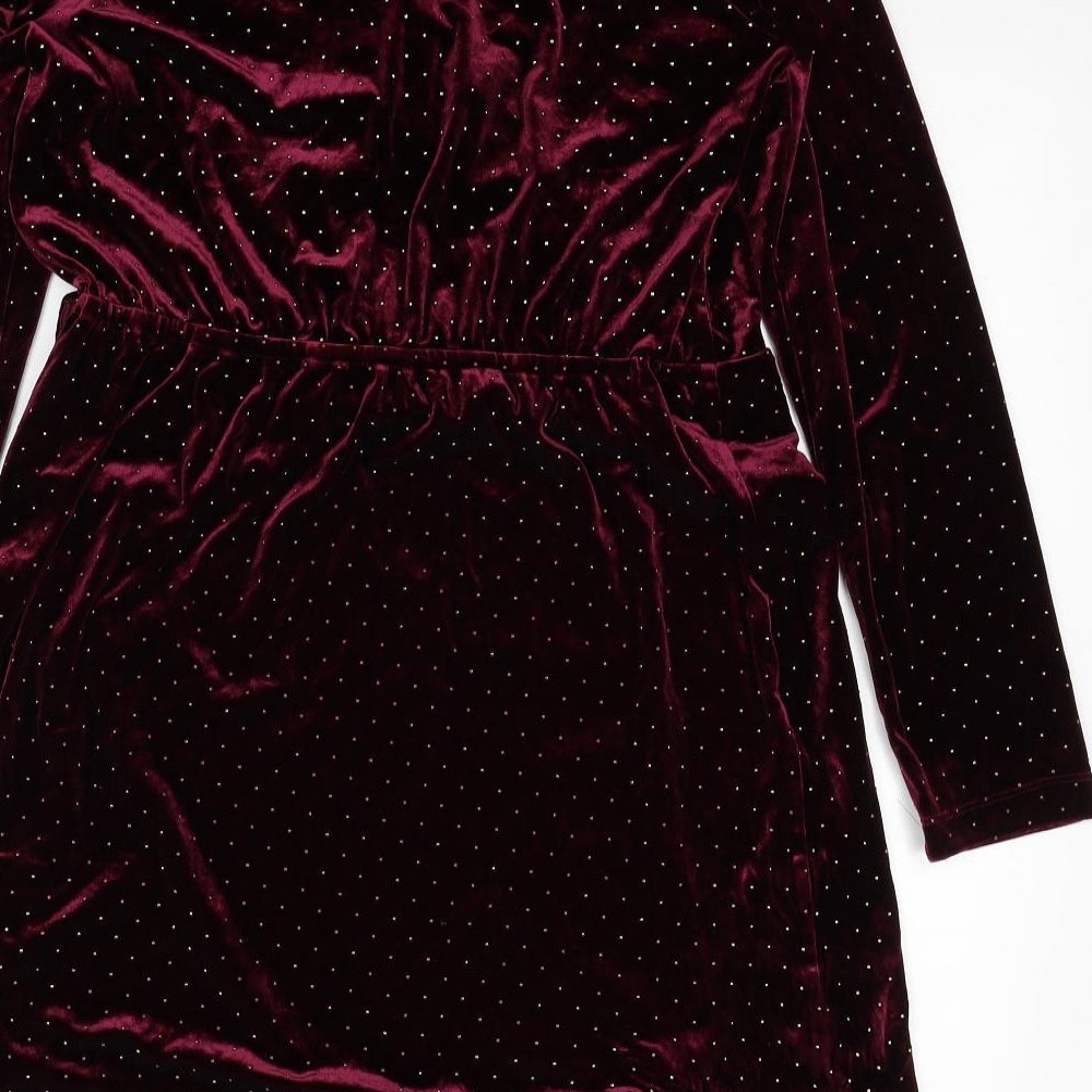 Marks and Spencer Womens Red Polka Dot Polyester A-Line Size 14 V-Neck Pullover