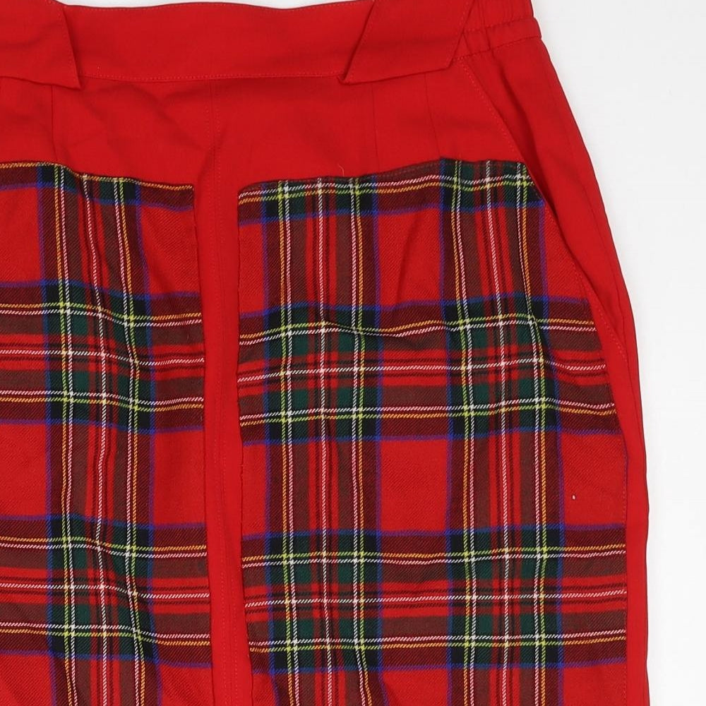 Preworn Womens Red Plaid Polyester A-Line Skirt Size 32 in Zip