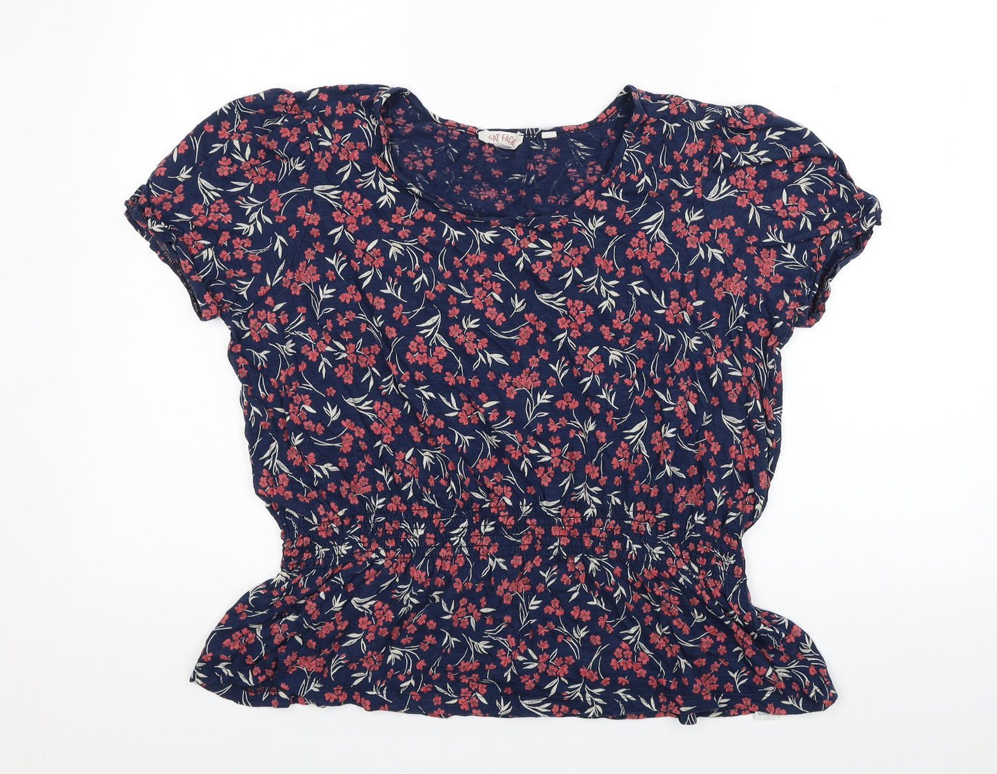 Fat Face Womens Blue Floral Cotton Basic T-Shirt Size 12 Scoop Neck