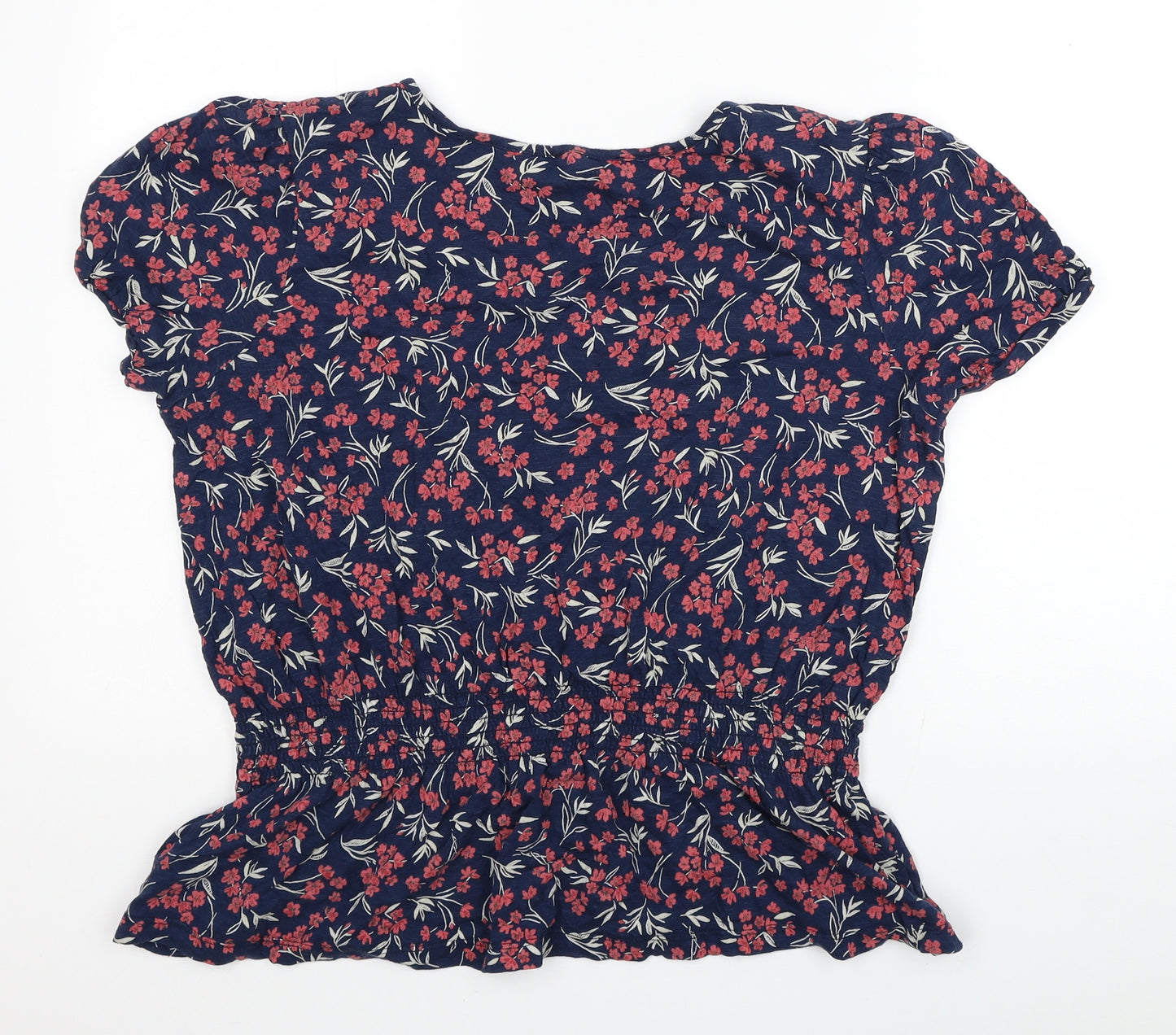 Fat Face Womens Blue Floral Cotton Basic T-Shirt Size 12 Scoop Neck