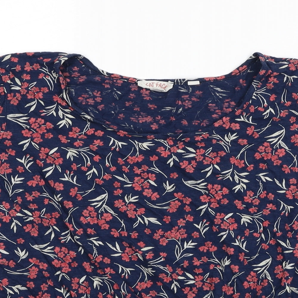 Fat Face Womens Blue Floral Cotton Basic T-Shirt Size 12 Scoop Neck