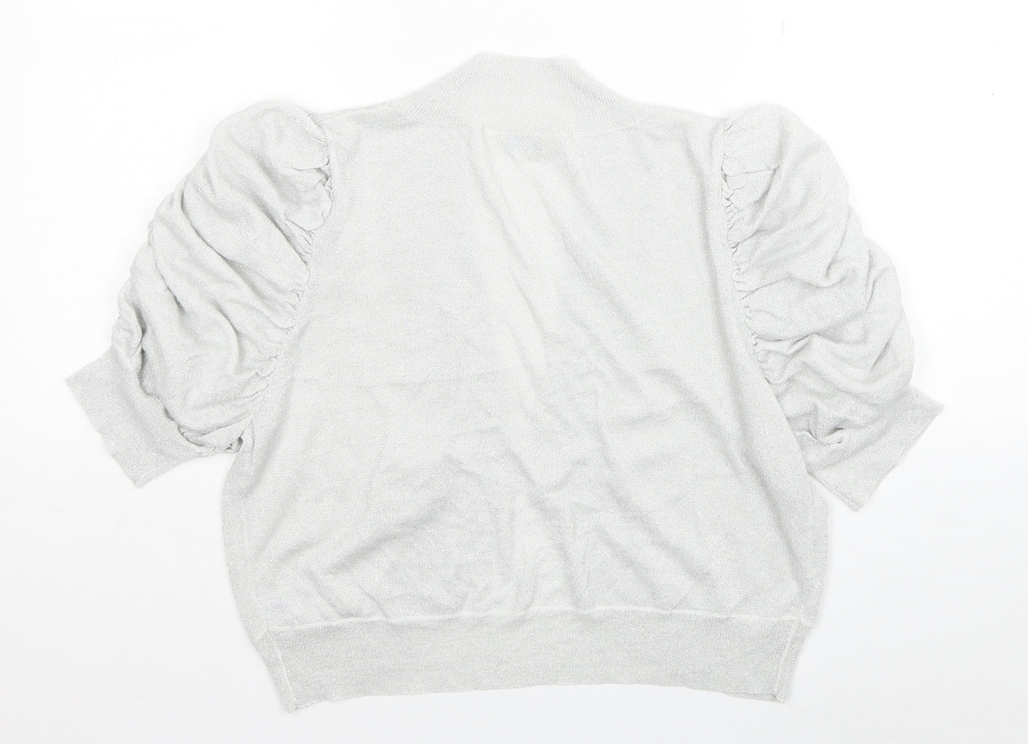 Agenda Womens Silver V-Neck Viscose Cardigan Jumper Size 18 - Ruched Sleeves