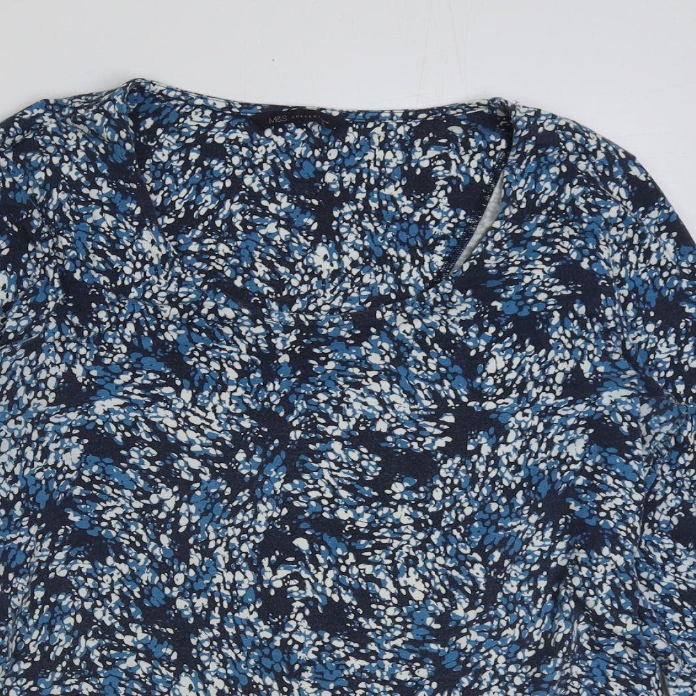 Marks and Spencer Womens Blue Geometric Polyester Basic T-Shirt Size 14 Scoop Neck
