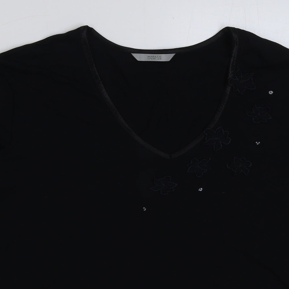 Marks and Spencer Womens Black Floral Viscose Basic T-Shirt Size 20 V-Neck