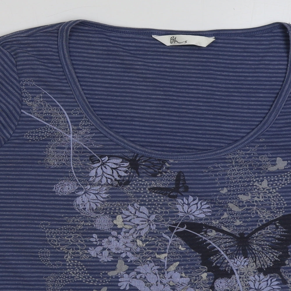 BHS Womens Blue Striped Cotton Basic T-Shirt Size 18 Scoop Neck
