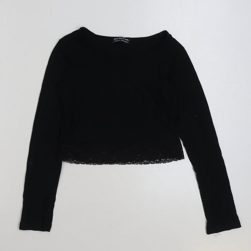 Select Girls Black Viscose Cropped T-Shirt Size 12-13 Years Scoop Neck Pullover - Lace Detail