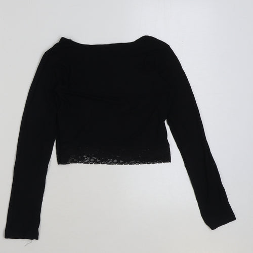Select Girls Black Viscose Cropped T-Shirt Size 12-13 Years Scoop Neck Pullover - Lace Detail
