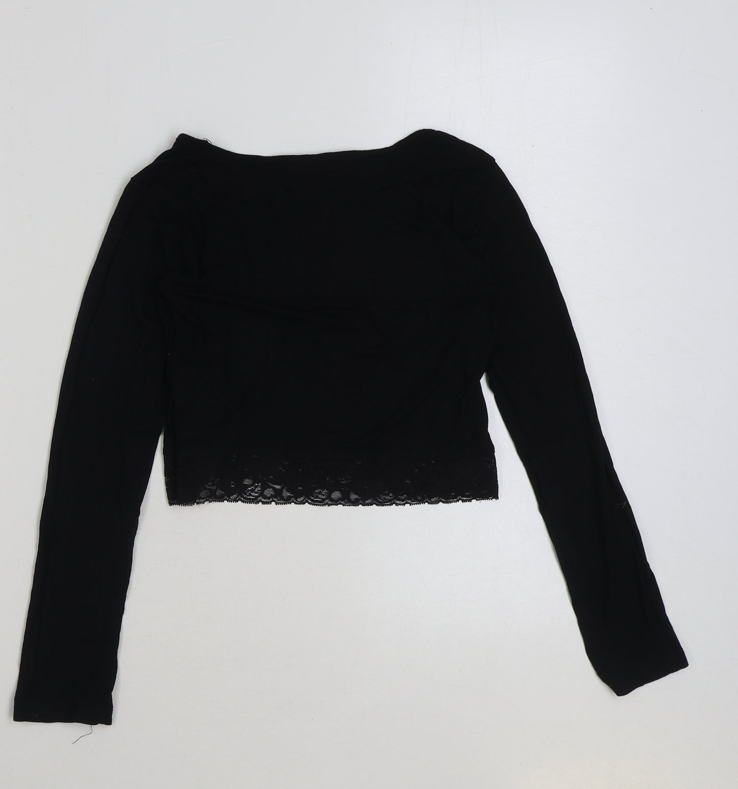 Select Girls Black Viscose Cropped T-Shirt Size 12-13 Years Scoop Neck Pullover - Lace Detail