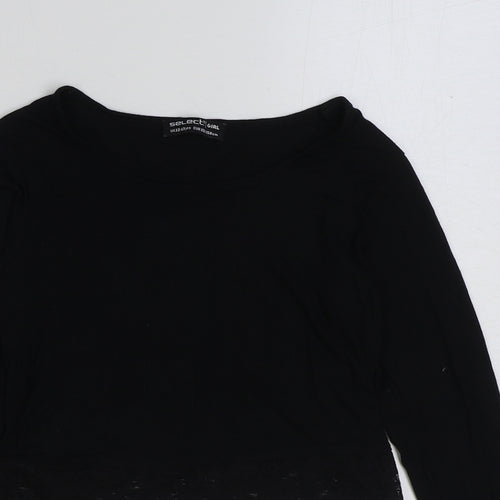 Select Girls Black Viscose Cropped T-Shirt Size 12-13 Years Scoop Neck Pullover - Lace Detail