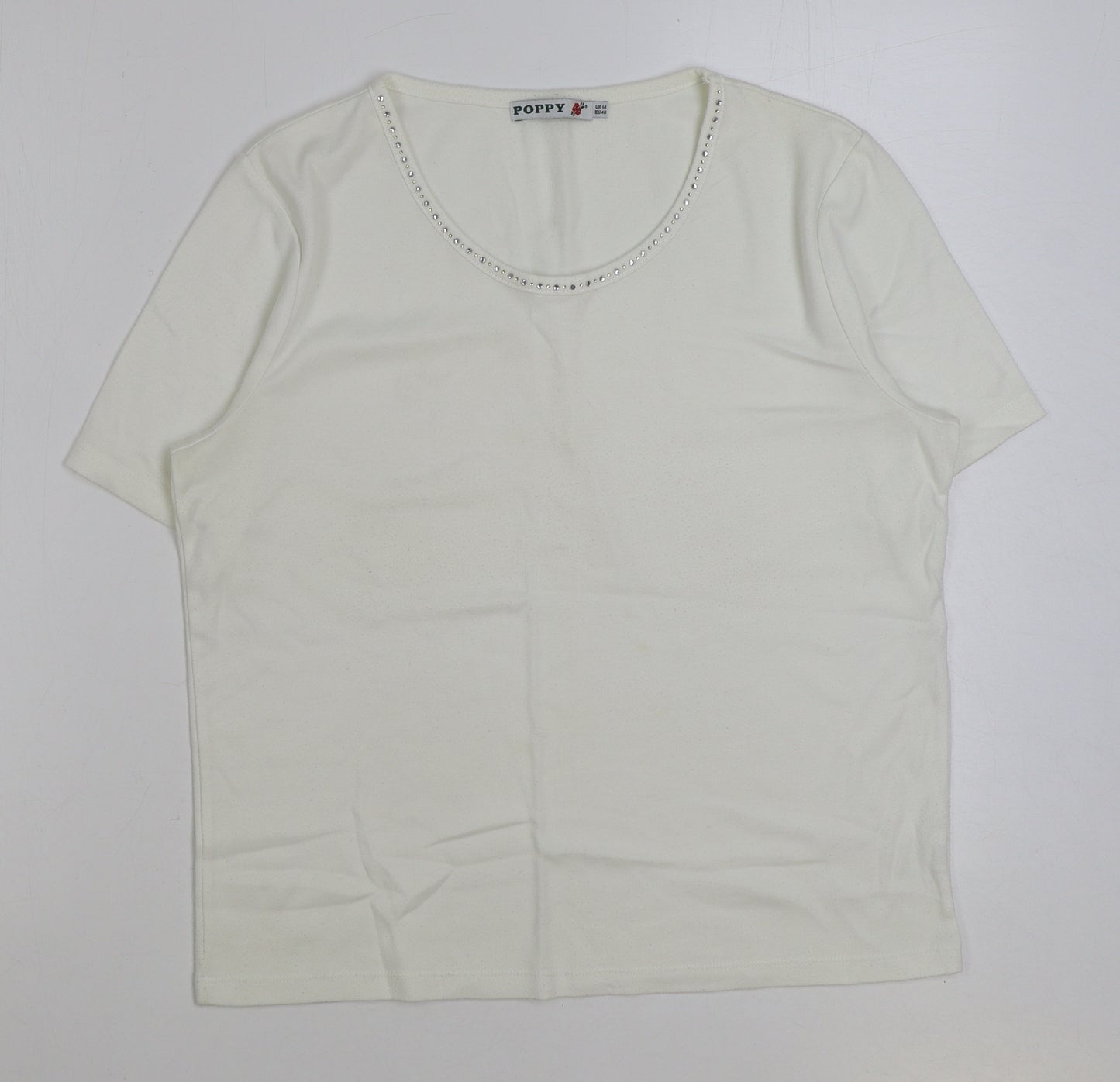 Poppy Womens White Polyester Basic T-Shirt Size 14 Round Neck