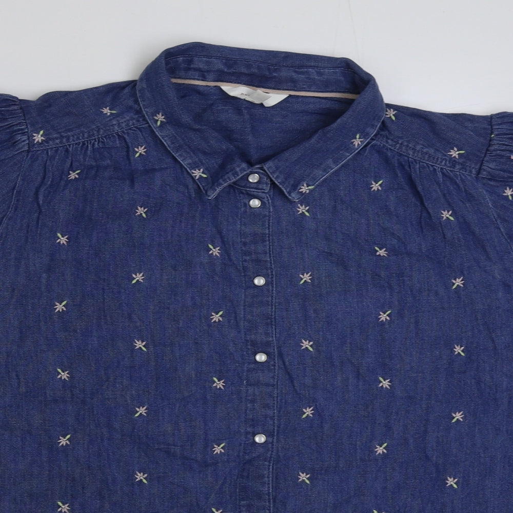 Marks and Spencer Womens Blue Floral Cotton Basic Button-Up Size 22 Collared