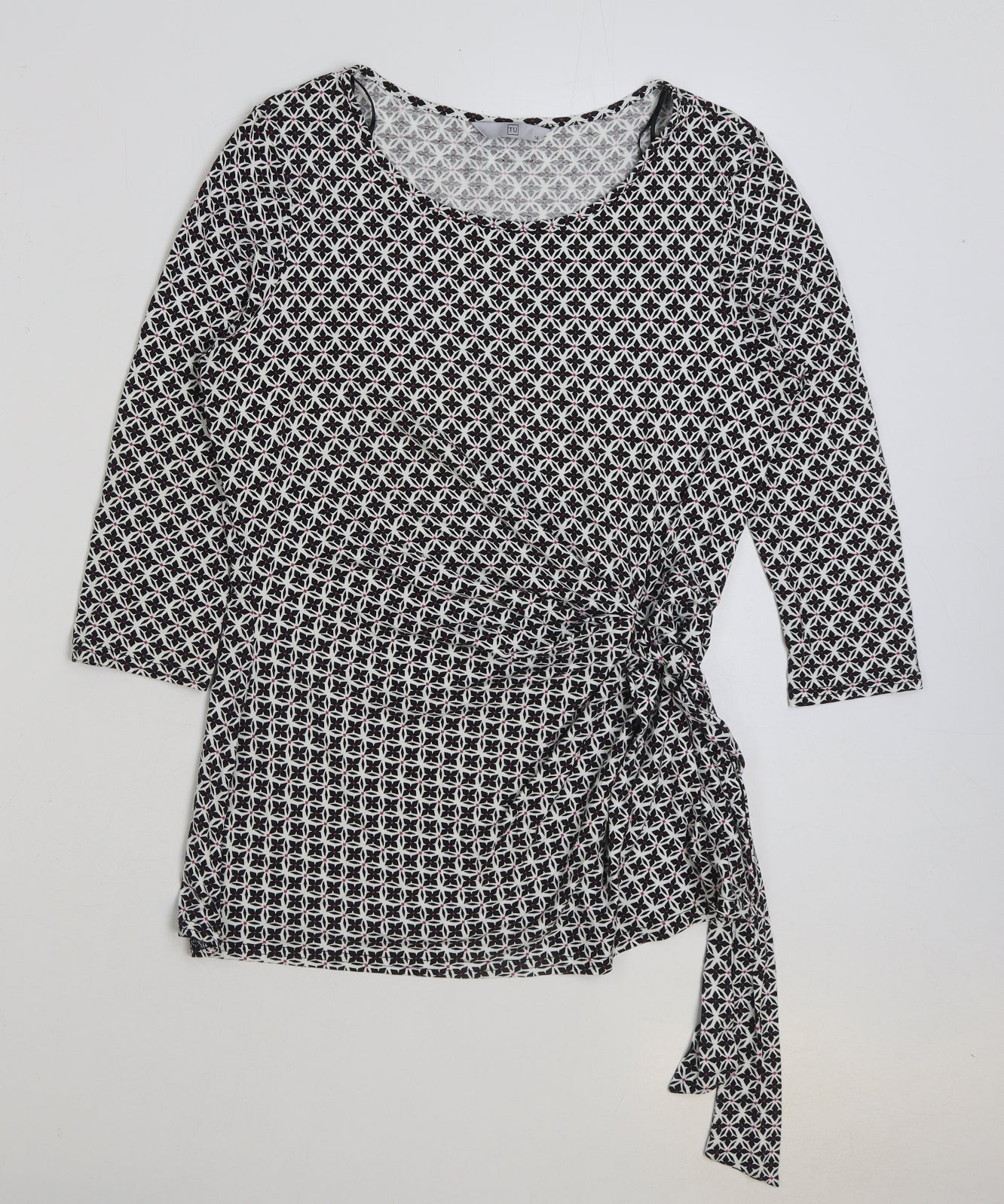 Marks and Spencer Womens Black Geometric Viscose Basic Blouse Size 14 Scoop Neck - Ruched Detail