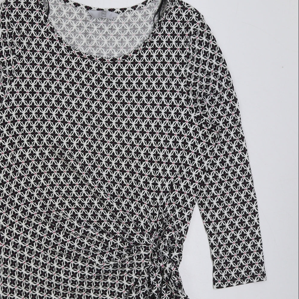 Marks and Spencer Womens Black Geometric Viscose Basic Blouse Size 14 Scoop Neck - Ruched Detail