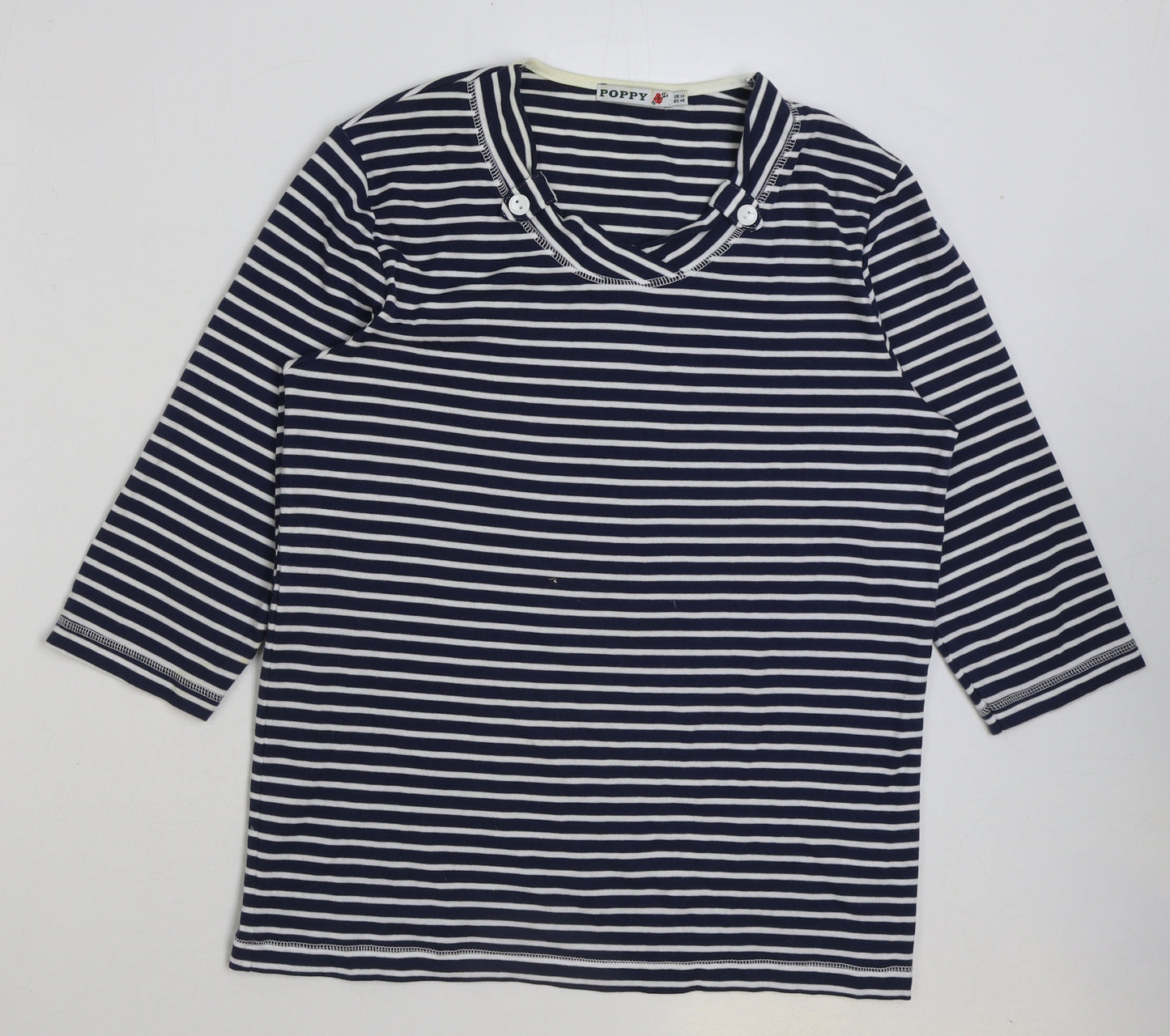 Poppy Womens Blue Striped Polyester Basic T-Shirt Size 14 Round Neck