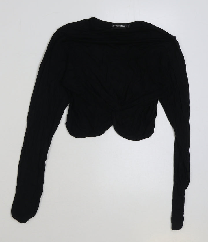PRETTYLITTLETHING Womens Black Polyester Cropped T-Shirt Size 10 Round Neck