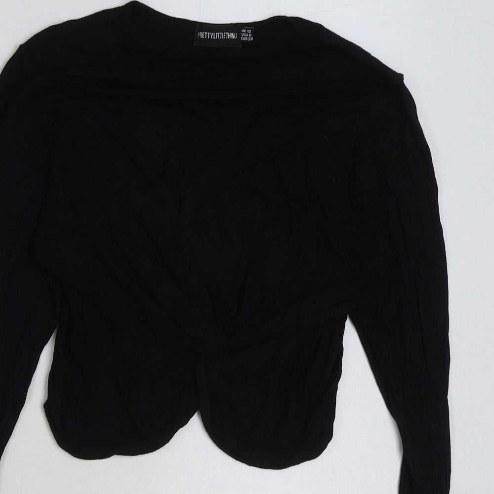 PRETTYLITTLETHING Womens Black Polyester Cropped T-Shirt Size 10 Round Neck