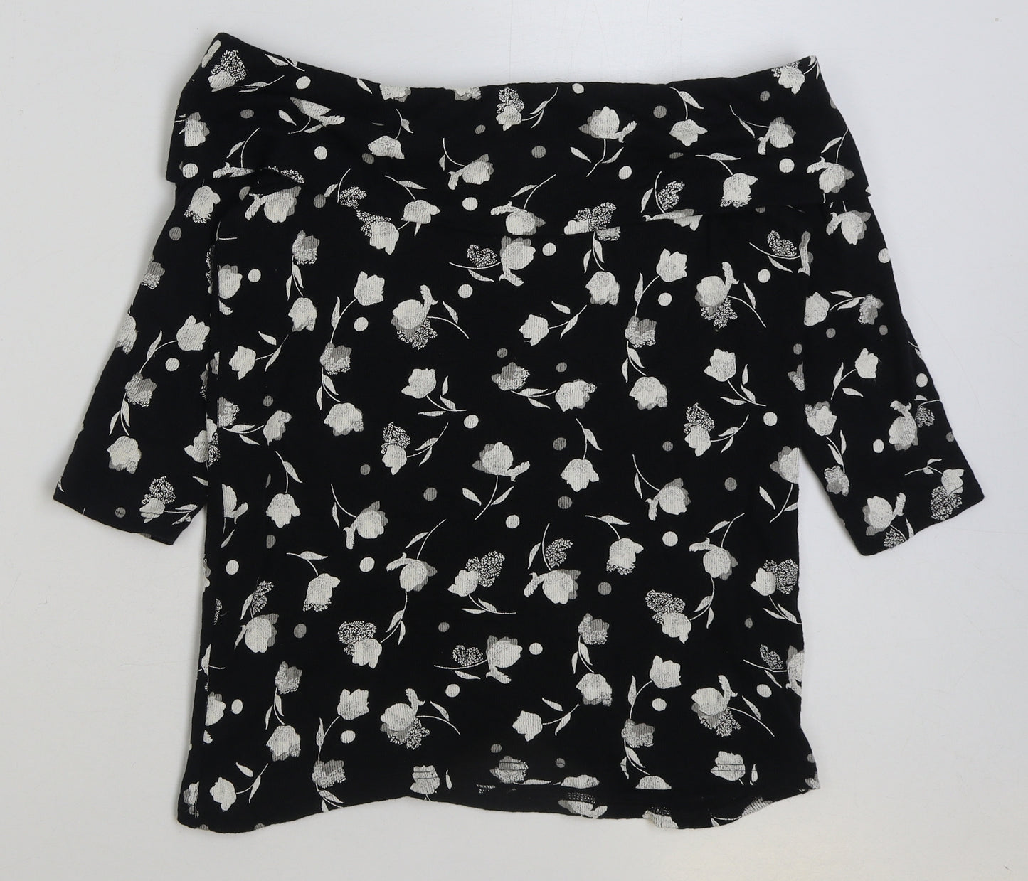 NEXT Womens Black Floral Polyester Basic T-Shirt Size 10 Off the Shoulder