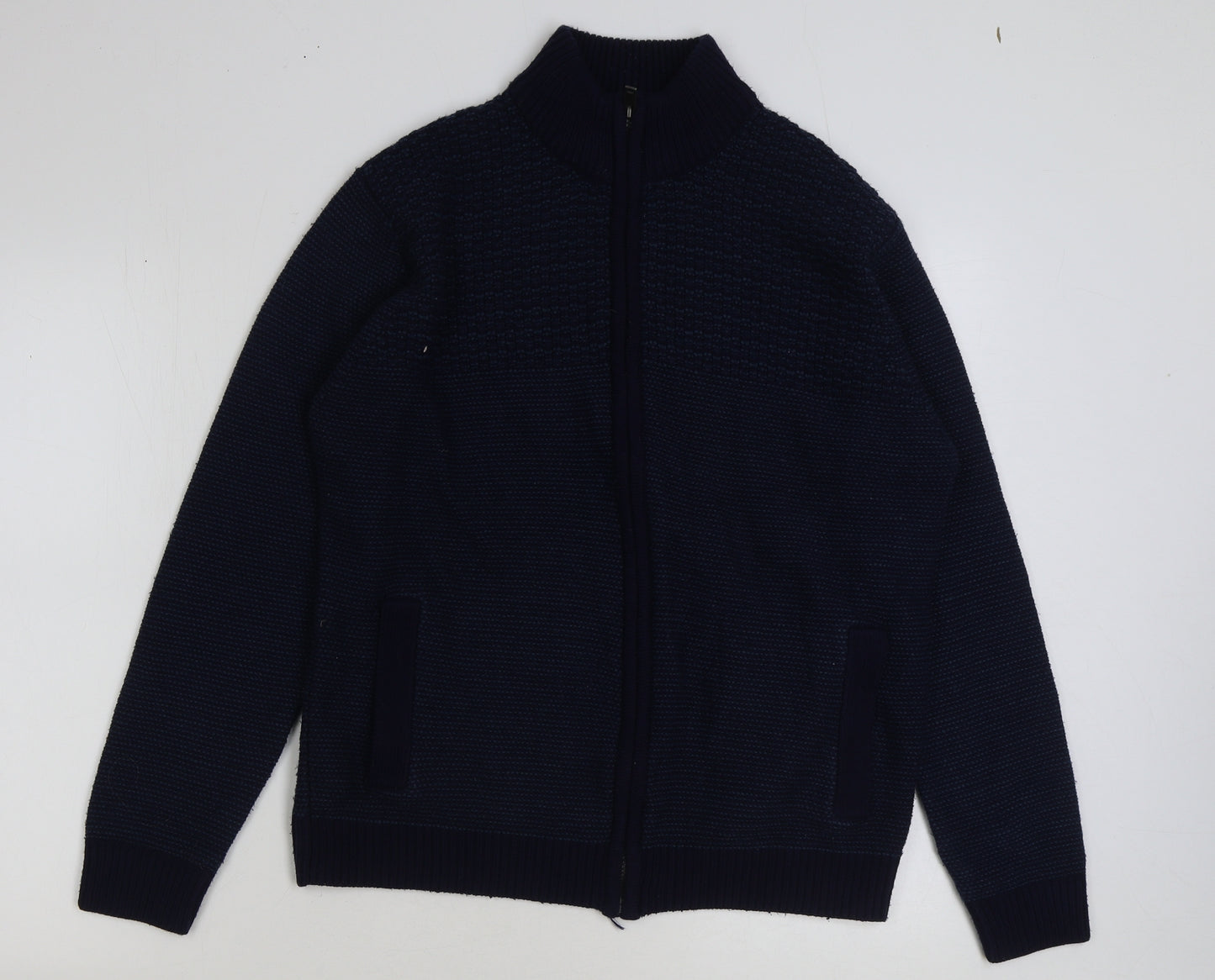 Marks and Spencer Mens Blue High Neck Geometric Acrylic Full Zip Jumper Size M