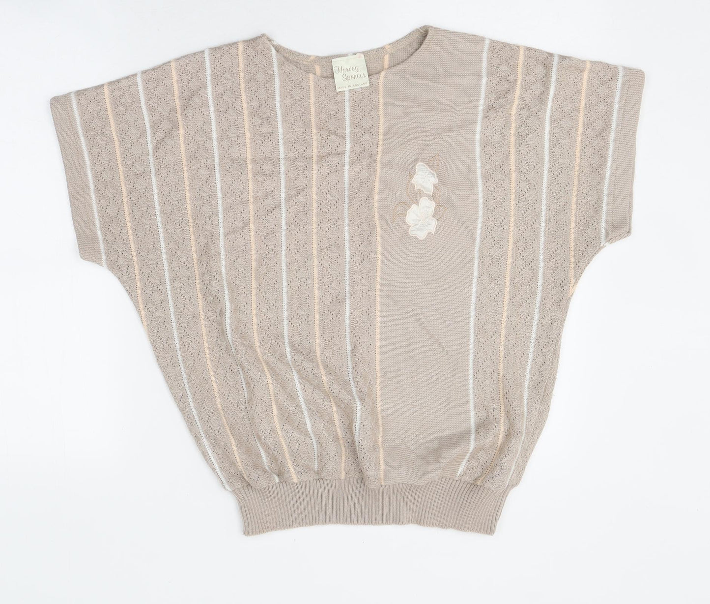 Harvey Spencer Womens Beige Striped Polyester Basic T-Shirt Size 14 Round Neck