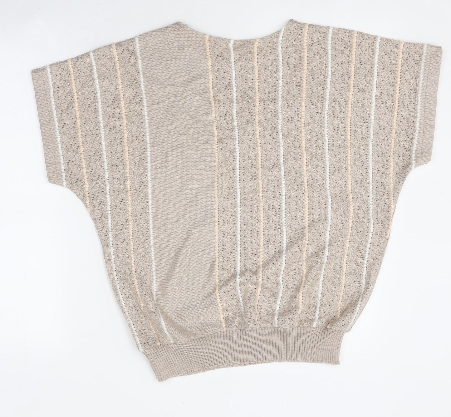 Harvey Spencer Womens Beige Striped Polyester Basic T-Shirt Size 14 Round Neck