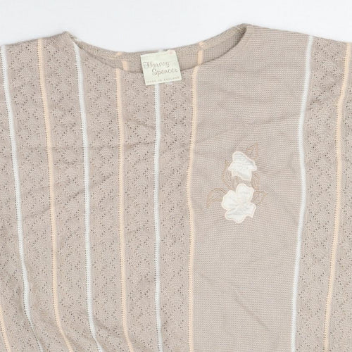Harvey Spencer Womens Beige Striped Polyester Basic T-Shirt Size 14 Round Neck